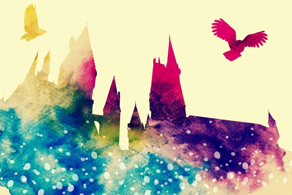 A colourful picture depicting aspects of the Harry Potter franchise